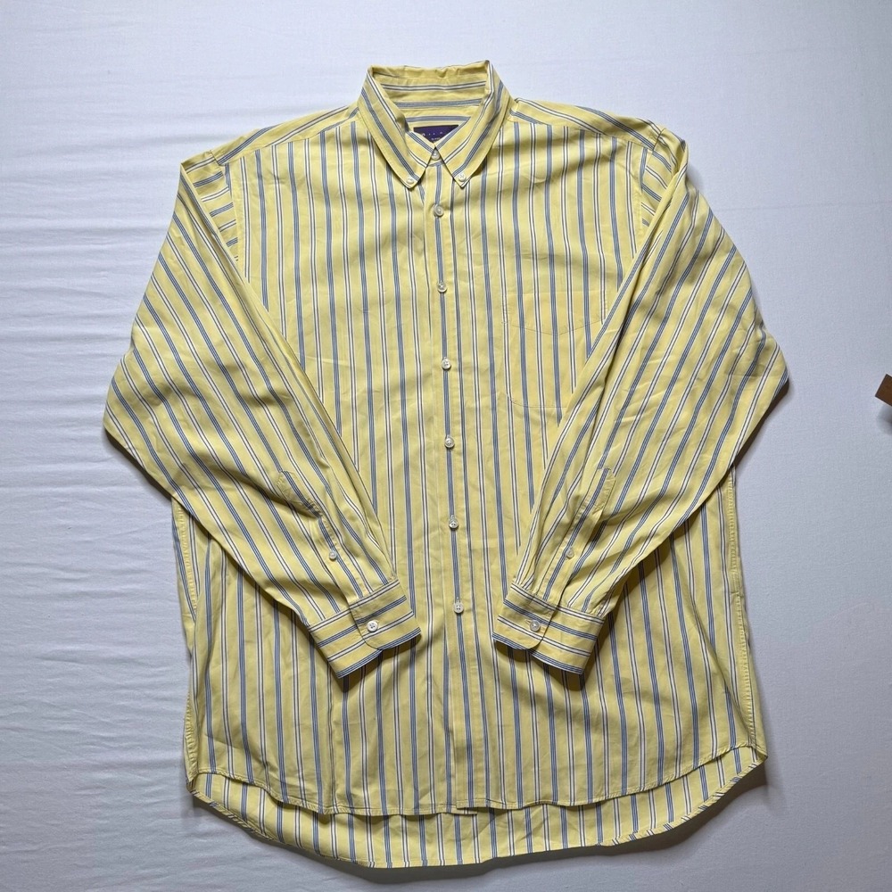 Ralph Lauren Shirt Purple Label XL Yellow Blue Striped 100% Cotton Button Down‎